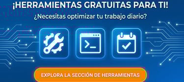 Banner promocional con iconos de herramientas, engranajes y terminal ante IA, invitando a explorar l