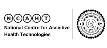 Official logo of the National Centre for Assistive Health Technologies and IIT Delhi in black and white.