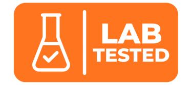 Orange lab tested badge icon featuring a beaker with a checkmark for product quality assurance.