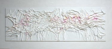 Minimalist textured mixed media wall art featuring draped white fabric with pink accents and a black wire line.