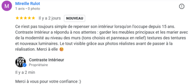 Un avis laiss par la cliente du projet living , rénovation d'un espace salon/salle à manger