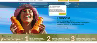 A smiling woman holding Natura Tododia mango and coconut water body lotion bottles on a tropical website banner.