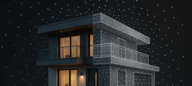 Vue en split d’une maison moderne : photo réelle et wireframe 3D blanc.