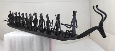 "Handcrafted Bastar Iron Boat Sculpture with Deer Head and 10 Tribal Figures – Right Side View-Suitable for export