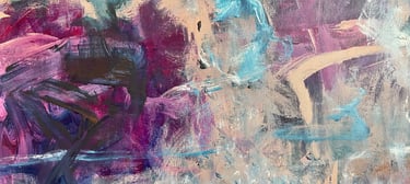 closeup of acrylic painting showing energetic strokes executed in pinks and teal on tan canvas