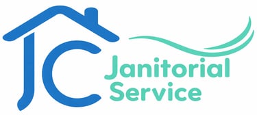 JC Janitorial Service logo featuring a blue house outline and teal cleaning wave icon.