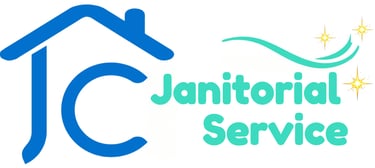 JC Janitorial Service logo featuring a blue house icon with sparkling clean accents.