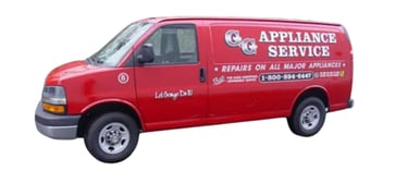 A red G&G Appliance Service van for residential appliance repair and maintenance services.