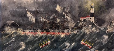 early acrylic painting by Paul Apps of a ship in a storm with rescuers 