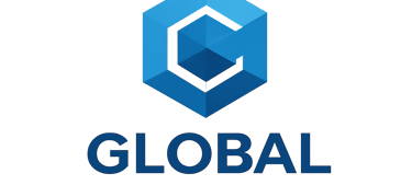 Company logo for 'GLOBAL CORP' with a hexagonal geometric icon in shades of blue.