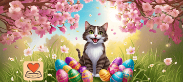 happy cat surrounded by colourful easter eggs at Kitty's rawr store