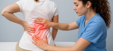 Diagram explaining spinal disc bulge causing lower back pain.
