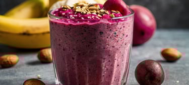 a smoothie with beetroot, fruit and nuts on a table