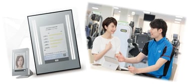 肌状態を測定する機器「Snow Beauty Mirror」と、運動アドバイスを受ける男女の様子｜堺市のニュースならサカイタイムズ