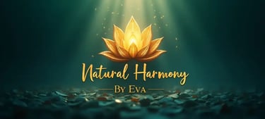 Natural Harmony by Eva logo with golden lotus and light rays, symbolizing balance and wellness.