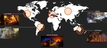 carte du monde des lieux les plus impactés par les incendies