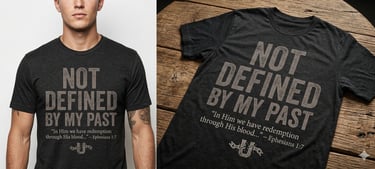 A man wearing a charcoal grey graphic t-shirt featuring the Christian quote Not Defined By My Past and Ephesians 1:7 bible