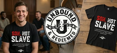 Smiling man wearing a Christian t-shirt with Romans 8:15 scripture, Son Not Slave, and Unbound logo.