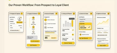 A six-step sales funnel infographic showing a CRM workflow from lead prospecting to client optimization.