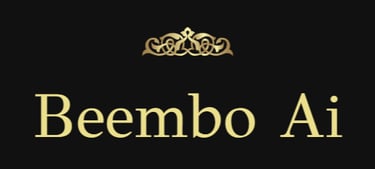 Beembo Ai logo with elegant gold serif typography and an ornate scroll flourish on a black background.