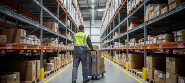 Trabajador manipulando cajas en almacén o espacio logístico empresarial.