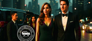 Elegant couple stepping out of luxury car in Bangkok at night with private chauffeur service
