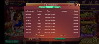 Screenshot of a mobile casino app withdrawal history showing successful transaction records and payment status.