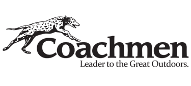 Coachmen RV logo featuring a spotted Dalmatian dog leaping over the brand name on a black background.