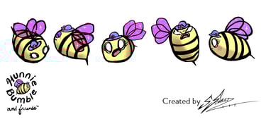 hunnie bumble character, character turnaround, bees, queen bee, character sheet