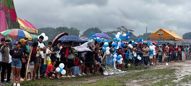 A large crowd gathers on a muddy field under a cloudy sky for an outdoor community festival celebration.