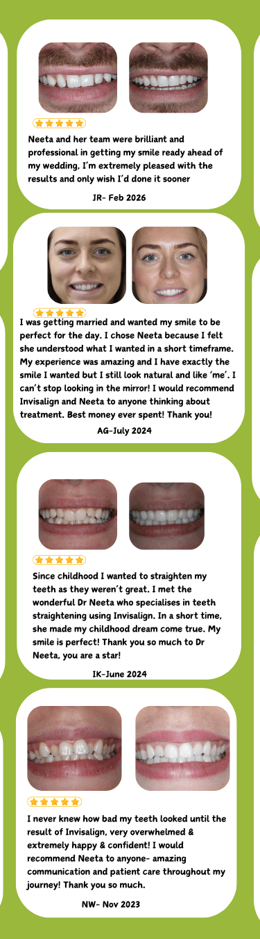 Customer reviews and before and after photos showing Invisalign teeth straightening results by Dr. Neeta Mehta.