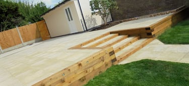 Large multi-level tiered garden makeover, sleeper retaining wall and steps elevated garden