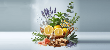 Basket of Essential Oils including lemons, camphor, eucalyptus, rosemary, cedarwoord, lavender