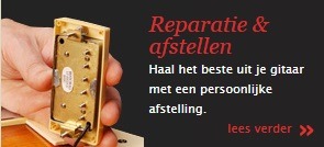 Professional guitar repair and setup service featuring a technician adjusting a humbucker pickup.