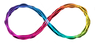 A colorful rainbow infinity symbol made of glowing light trails against a black background.