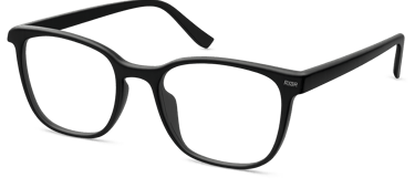 High-quality photograph of modern black-framed spectacles with clear lenses, isolated on a clean background.