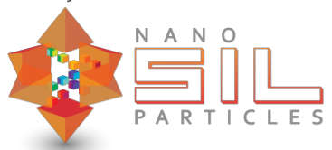 Nano Sil Particles company logo with geometric orange shapes and colorful molecular icons.