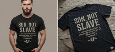 Bearded man wearing a black Son Not Slave t-shirt with Romans 8:15 bible verse text.