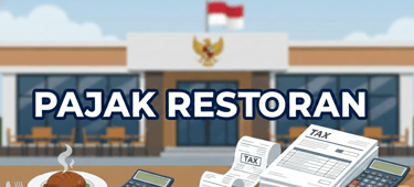 Illustration of Indonesian restaurant tax with receipts, calculator, and government building background