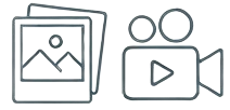 Minimalist outline icons representing digital media content including photos and video camera graphics.