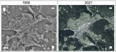 Aerial photos of the forest around the town of Gérardmer (France) in 1958 and 2021