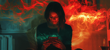 a woman sitting on a couch with a cell phone