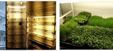 Indoor vertical farming setup with lush green microgreens growing under LED grow lights on a tiered rack system.