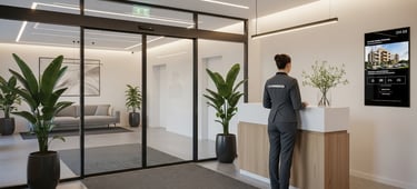 Conserje en edificio moderno controlando accesos y prestando apoyo a residentes.