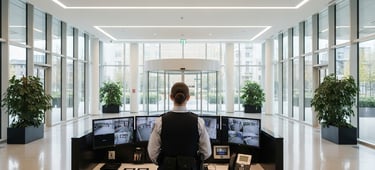 Vigilante de seguridad en la entrada de un edificio corporativo en Barcelona