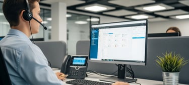 Operador gestionando llamadas desde una centralita en entorno administrativo.