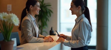 Personal de recepción atendiendo visitas en oficina corporativa con profesionalismo.