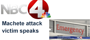 NBC4 news report graphic showing an emergency room sign and a headline about a machete attack victim.