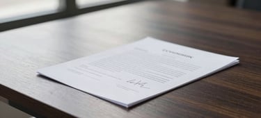 Close-up of a signed contract document resting on a sleek dark wood table, soft natural window light, minimalist corporate editorial, shallow depth of field