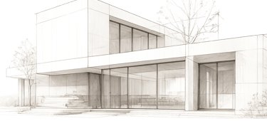 Dibujo arquitectónico lineal de una villa moderna minimalista con grandes ventanales de cristal .